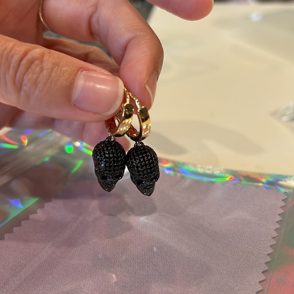 Black crystal pavé skull earrings with gold plated earring huggie. New/Handmade - Picture 4 of 6